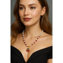 Solare Accessories Kiraz Charmlı Inci & Bordo Kristal Taş Detaylı Kolye
