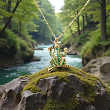 Kurbağa Figürlü Yeşil Mineli 14 Ayar Altın Kolye