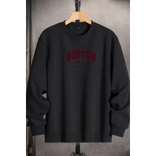 EYDAMOON Unisex Kışlık Boston Baskılı Regular Pamuklu Bisiklet Yaka Sweatshirt