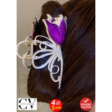 Mor Lale ve Kelebek Model Saç Tokası – Zarif Çiçekli Metal Mandal Toka 11 cm