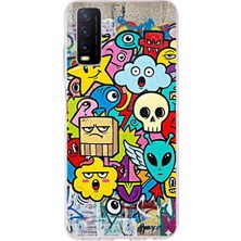 PrintiFy Vivo Y20 ile Uyumlu Grafiti Doodle Tasarımlı Şeffaf Silikon Kılıf