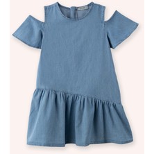 Panço Kız Çocuk Omuz Detaylı Mavi Elbise