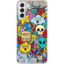 PrintiFy Samsung Galaxy S21 Plus ile Uyumlu Grafiti Doodle Tasarımlı Şeffaf Silikon Kılıf