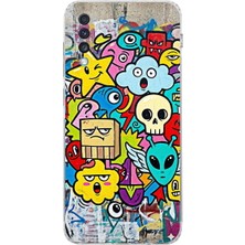 PrintiFy Samsung Galaxy A70S ile Uyumlu Grafiti Doodle Tasarımlı Şeffaf Silikon Kılıf