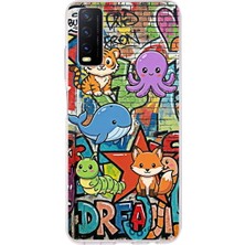 PrintiFy Vivo Y12S ile Uyumlu Grafiti Mini Tasarımlı Şeffaf Silikon Kılıf