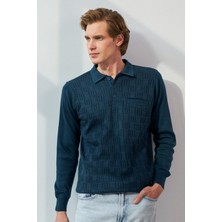 Erkek Polo Yaka Kazak Cepli Kabarmalı Çelik Örgü Klasik Kalıp - 5215F