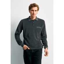 Erkek Polo Yaka Kazak Cepli Pike Desen Çelik Örgü Klasik Kalıp - 5214F