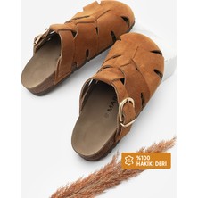 Marjin Kadın Hakiki Deri Önü Kapalı Eva Taban Tokalı Sabo Günlük Süet Terlik Yolis Taba Süet