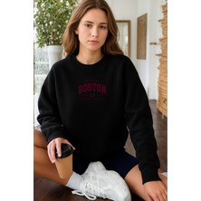 EYDAMOON Kadın Kışlık Boston Baskılı Regular Pamuklu Bisiklet Yaka Sweatshirt