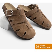 Marjin Kadın Hakiki Deri Önü Kapalı Eva Taban Tokalı Sabo Günlük Süet Terlik Yolis Camel Süet