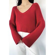Gülseli V Yaka Crop Top Salaş Triko Bluz P-00019153