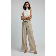 Eyora Moda Beli Kuşaklı Krem Renk Bol Paça Kadın Pantolon
