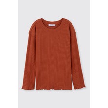 Panço Kız Çocuk Yuvarlak Yaka Uzun Kollu Yumuşak Dokulu Kiremit Tişört