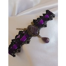 Alsade Vintage Ametist Taşlı Siyah Mor Dantel Choker Kolye