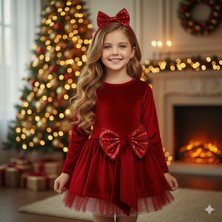 Dodomar 5–8 Yaş Kırmızı Kadife Pullu Fiyonklu Yılbaşı Özel Kostümü – Toka Hediyeli