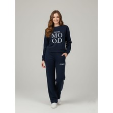 Eyora Moda Good Mood Nakışlı Lacivert Üç Iplik %100 Pamuk Kumaş Sweatshirt ve Bol Paça Alt-Üst Takım