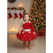 Dodomar 1–2 Yaş Kırmızı Tütü Etek ve Kadife Tek Omuz Crop Üst Yılbaşı Parti Kostümü Kristal Taş