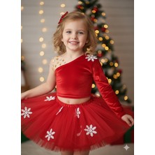 Dodomar 4–5 Yaş – Kırmızı Tütü Etek Kadife Tek Omuz Crop Üst Kristal Taş Hediyeli Yılbaşı Parti Kostümü