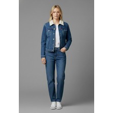 Kadın Kemer Detaylı Çift Cepli Içi Kürklü Denim Mont
