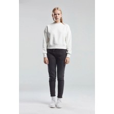 Benmanaj Kadın Basıc Bisiklet Yaka Uzun Kol Sweatshırt Whıte