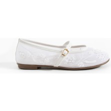 Bufu Madrid Beyaz File Gelinlik Ayakkabı Kadın Suni Deri Düz Taban Lastikli Bağlama Detaylı