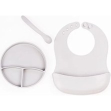 AyrStore Gri 3’lü Silikon Yemek Seti – Önlük + Diş Kaşıyıcılı Kaşık + Vakumlu Tabak