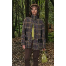 Hope And Me-Kahverengi Oversize Gabardin Ekose Desenli Astarlı Fermuarlı Parka