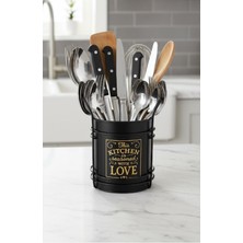 Skygo Tezgah Üstü Gold Yazılı Dekoratif Metal Kaşıklık Çatallık Büyük Boy Siyah Mutfak Organizeri Kaşıklık