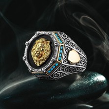 Takılingo 925 Ayar Gümüş Aslan Motifli Turkuaz Taş Detaylı Usta Işi Erkek Yüzük