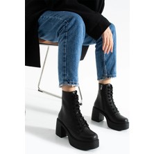 Bufu Nova Chocolate Kalın Topuklu, Bağcıklı Kadın Bot, Kahverengi Deri Görünümlü Şık Günlük Bot