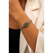 Boris Accessory Kadın Çelik Gümüş Zincir Kordonlu Sekizgen Yeşil Kadran Kol Saati – Şık & Minimal Tasarım