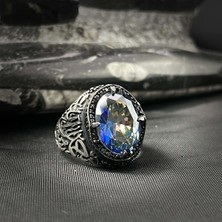 Takılingo 925 Ayar Gümüş Kelime-I Tevhid Işlemeli Mavi Topaz Taşlı Erkek Yüzük