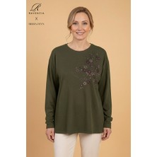 Ravencia Kadın Çiçek Desenli Taşlı Likralı Yırtmaçlı Yün Anne Penye Bluz