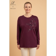 Ravencia Kadın Çiçek Desenli Taşlı Likralı Yırtmaçlı Yün Anne Penye Bluz