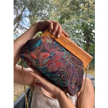 Jophiel Penalope Collection - Zincirli, Ahşap Burslu Kumaş Çanta, Clutch, El Çantası, Çanta