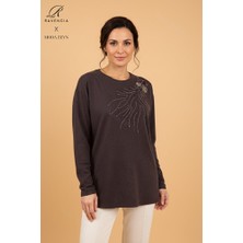 Ravencia Kadın Damla Desenli Taşlı Likralı Yırtmaçlı Yün Anne Penye Bluz