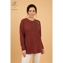 Ravencia Kadın Damla Desenli Taşlı Likralı Yırtmaçlı Yün Anne Penye Bluz