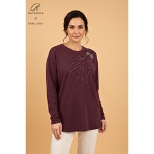 Ravencia Kadın Damla Desenli Taşlı Likralı Yırtmaçlı Yün Anne Penye Bluz