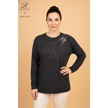 Ravencia Kadın Damla Desenli Taşlı Likralı Yırtmaçlı Yün Anne Penye Bluz