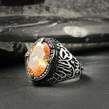 Takılingo 925 Ayar Gümüş Kelime-I Tevhid Işlemeli Sitrin Taşlı Erkek Yüzük