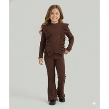 Dudese Kız Çocuk Kahverengi Fırfırlı Fitilli Üst & Ispanyol Paça Pantolon Takım