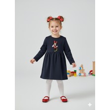 Dudese Minnie Mouse Işlemeli Siyah Kız Çocuk Uzun Kollu Kışlık Elbise