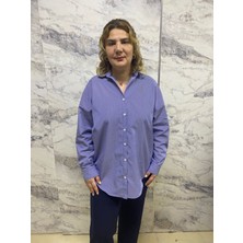 Kadın Oversıze Mavi Beyaz Çizgili Rahat Kesim Uzun Kollu Gömlek Büyük Beden