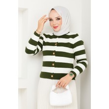 RFK Butik Kadın Etek Üstü Düğme Detaylı Çizgili Triko Tesettür Hırka - Haki