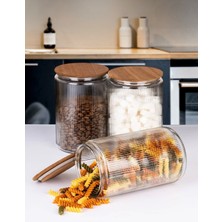 Mafa Home 3'lü Çizgili Kolay Temizlenebilen Geniş Ağızlı Cam Bakliyat ve Erzak Saklama Kavanozu Seti 1000 ml