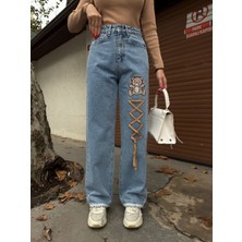 Jeanolog Bear Kot Pantolon Dantel Paça Straight / Regular Fit Yüksek Bel %100 Pamuk