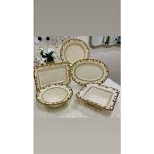 CITY gold 5 Parça Avangard Porselen Sunum Servis Seti Kabartmalı Gold/Krem Oval/Kare/Dikdörtgen/Kase/Yuvarlak
