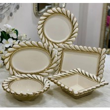 CITY gold 5 Parça Avangard Porselen Sunum Tabağı Servis Seti Gold/Krem Kenarlı Oval/Kare/Dikdörtgen/Kase/Yuvarlak