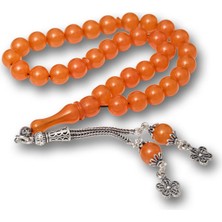 Özcömert Silver Gümüş Püsküllü Turuncu Yuvarlak Sıkma Kehribar Tesbih
