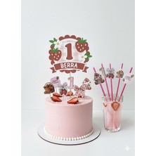 Sinem Gift 1 Yaş Çilek Doğum Günü Konsepti - Çilek Konseptli Pasta Süsü - 6 Adet Pipet - Çilek Konsepti
